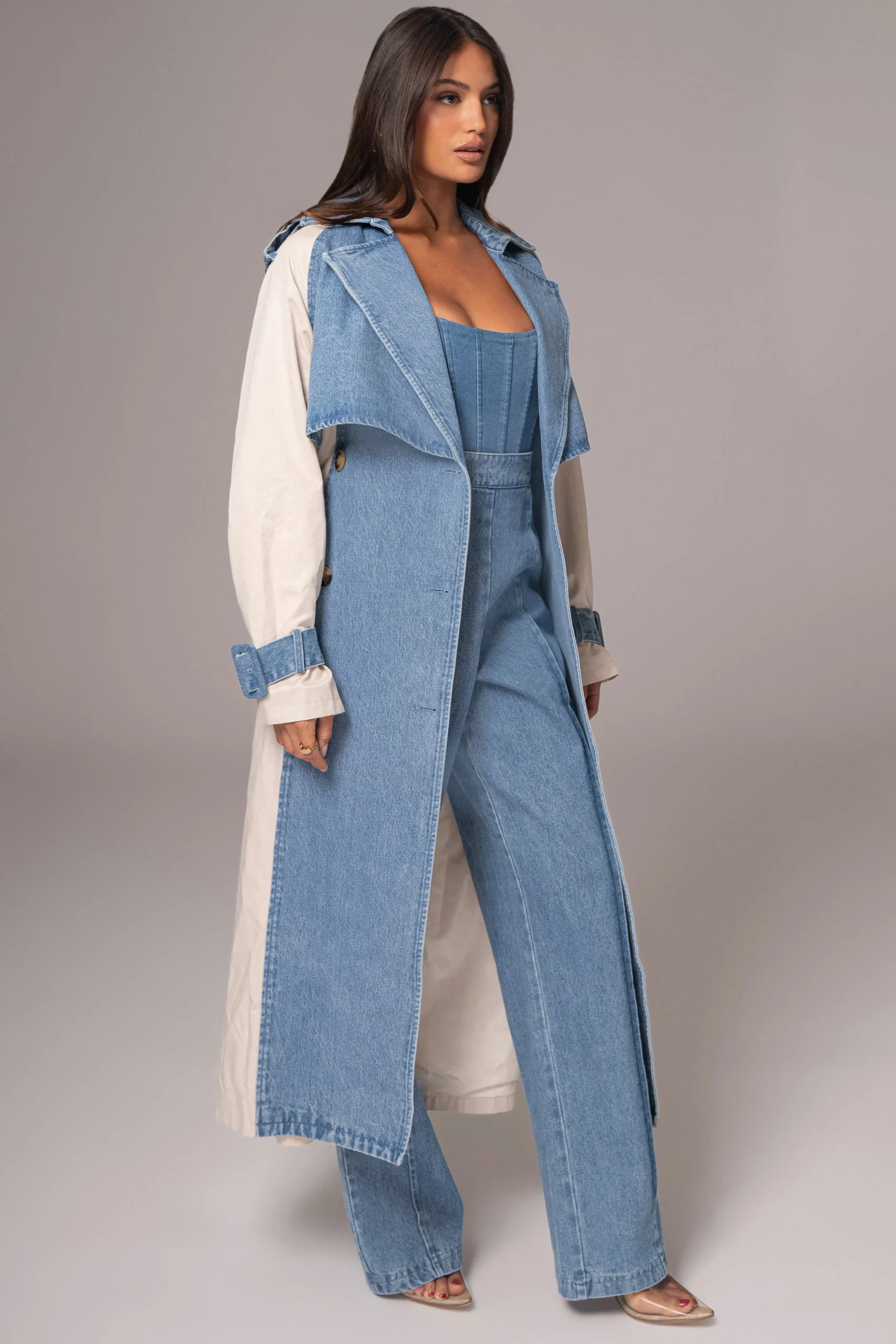 Light Wash Denim Leighton Belted Contrast Coat*JLUXLABEL Hot