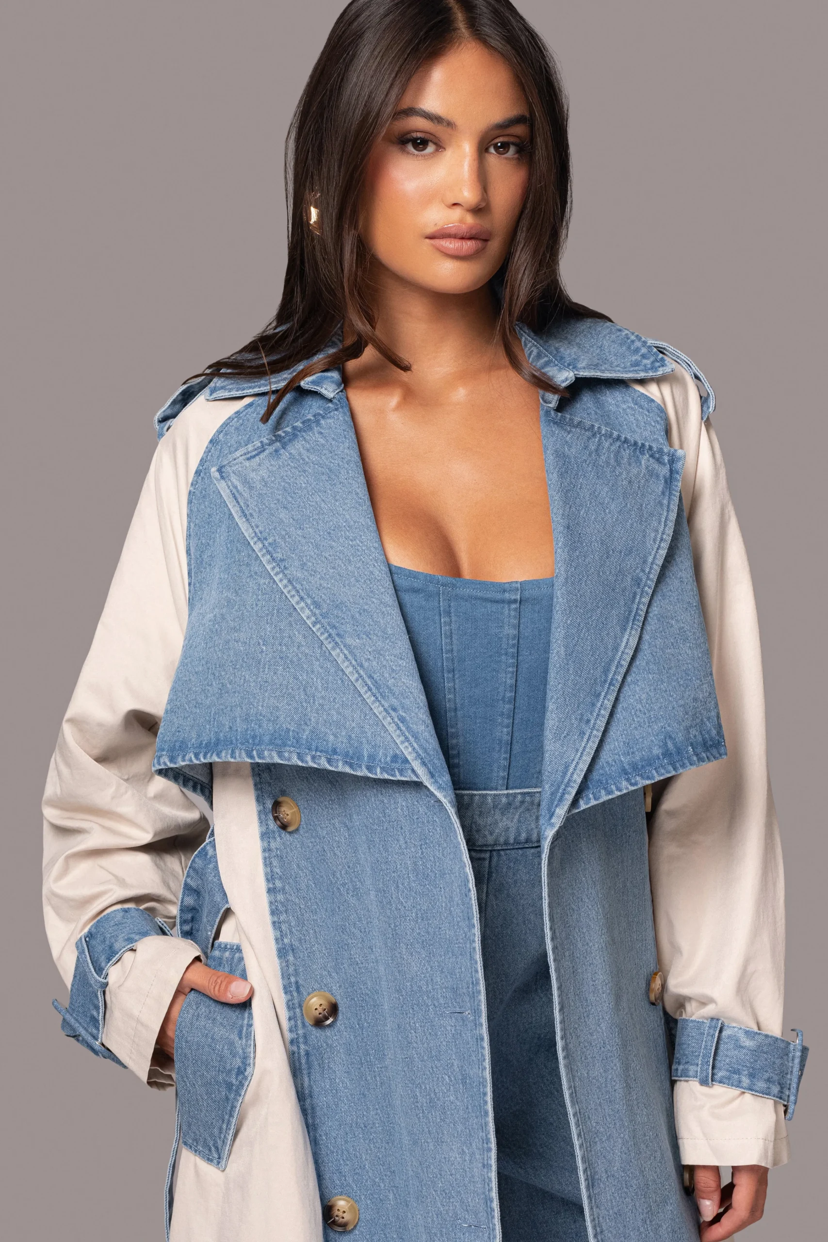 Light Wash Denim Leighton Belted Contrast Coat*JLUXLABEL Hot