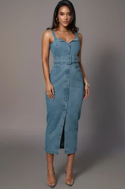 Medium Wash Celene Denim Maxi Dress*JLUXLABEL Clearance