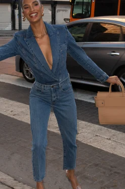 Medium Wash Dominica Structured Denim Bodysuit*JLUXLABEL Outlet