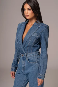 Medium Wash Dominica Structured Denim Bodysuit*JLUXLABEL Outlet