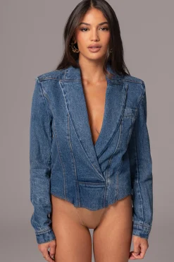 Medium Wash Dominica Structured Denim Bodysuit*JLUXLABEL Outlet