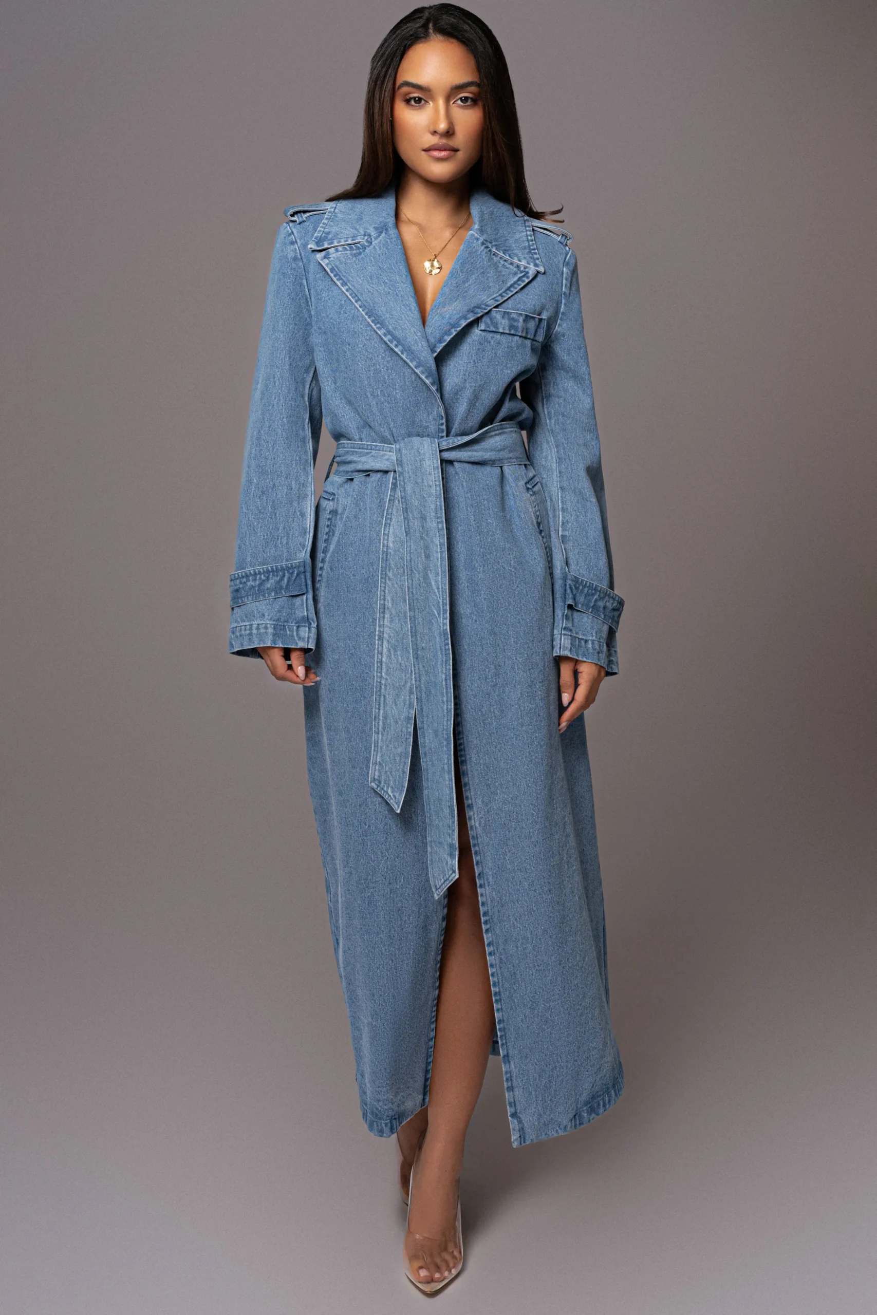 Medium Wash Savannah Belted Denim Coat*JLUXLABEL Clearance