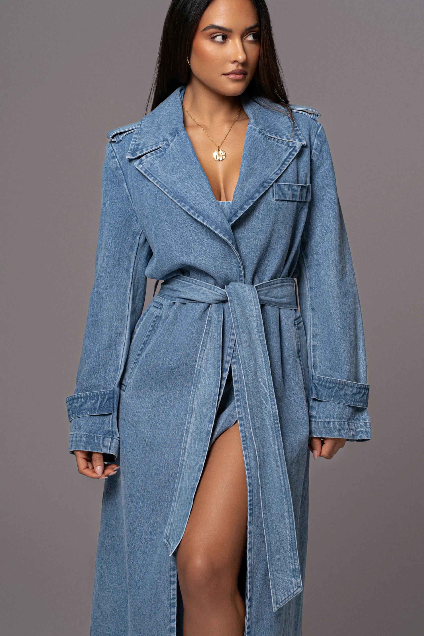 Medium Wash Savannah Belted Denim Coat*JLUXLABEL Clearance