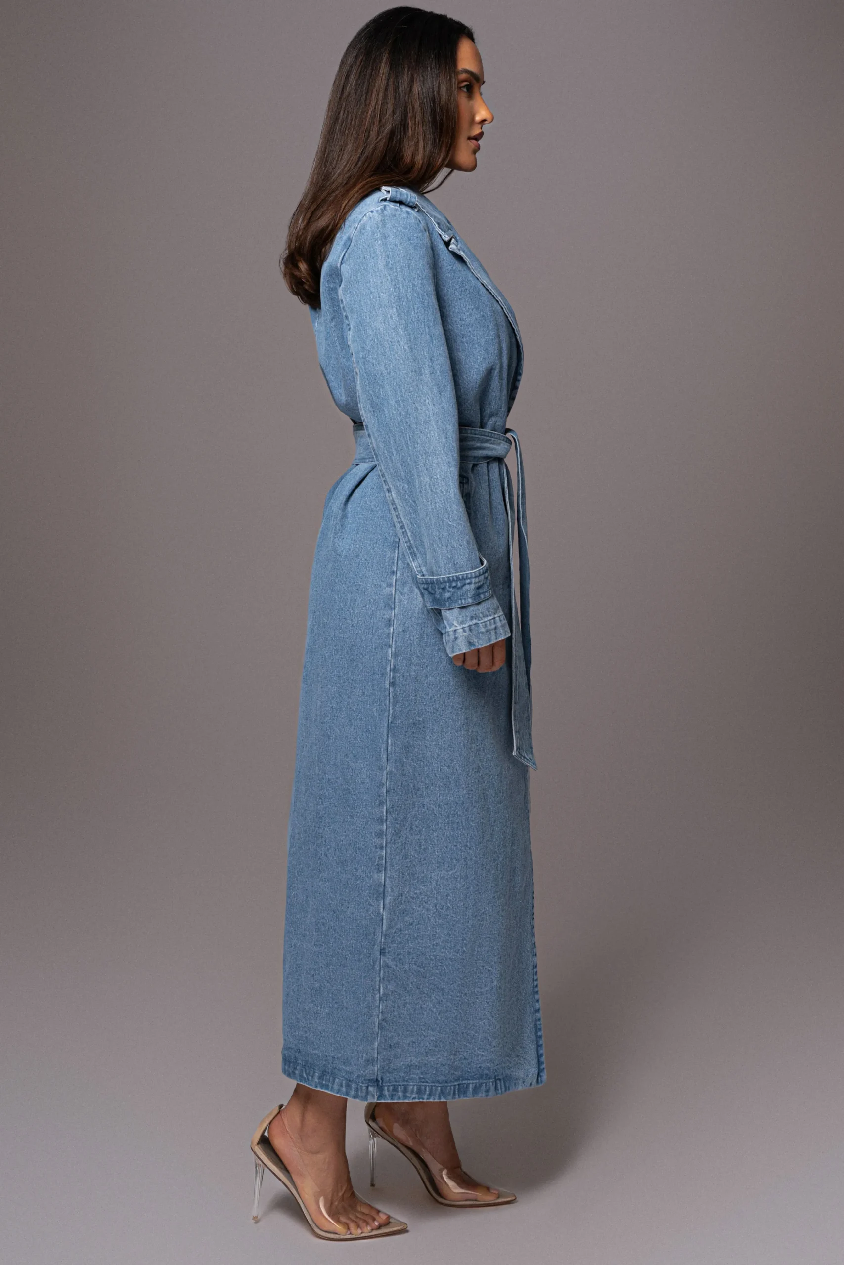 Medium Wash Savannah Belted Denim Coat*JLUXLABEL Clearance