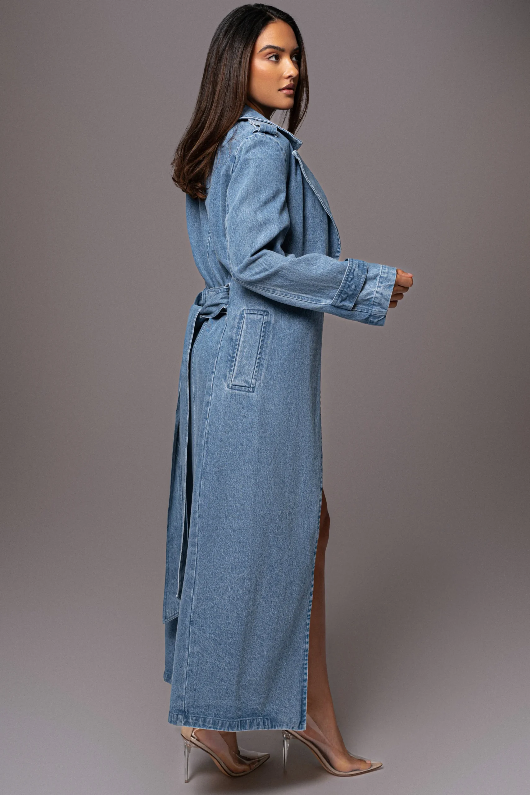 Medium Wash Savannah Belted Denim Coat*JLUXLABEL Clearance