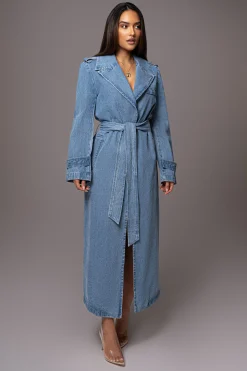 Medium Wash Savannah Belted Denim Coat*JLUXLABEL Clearance
