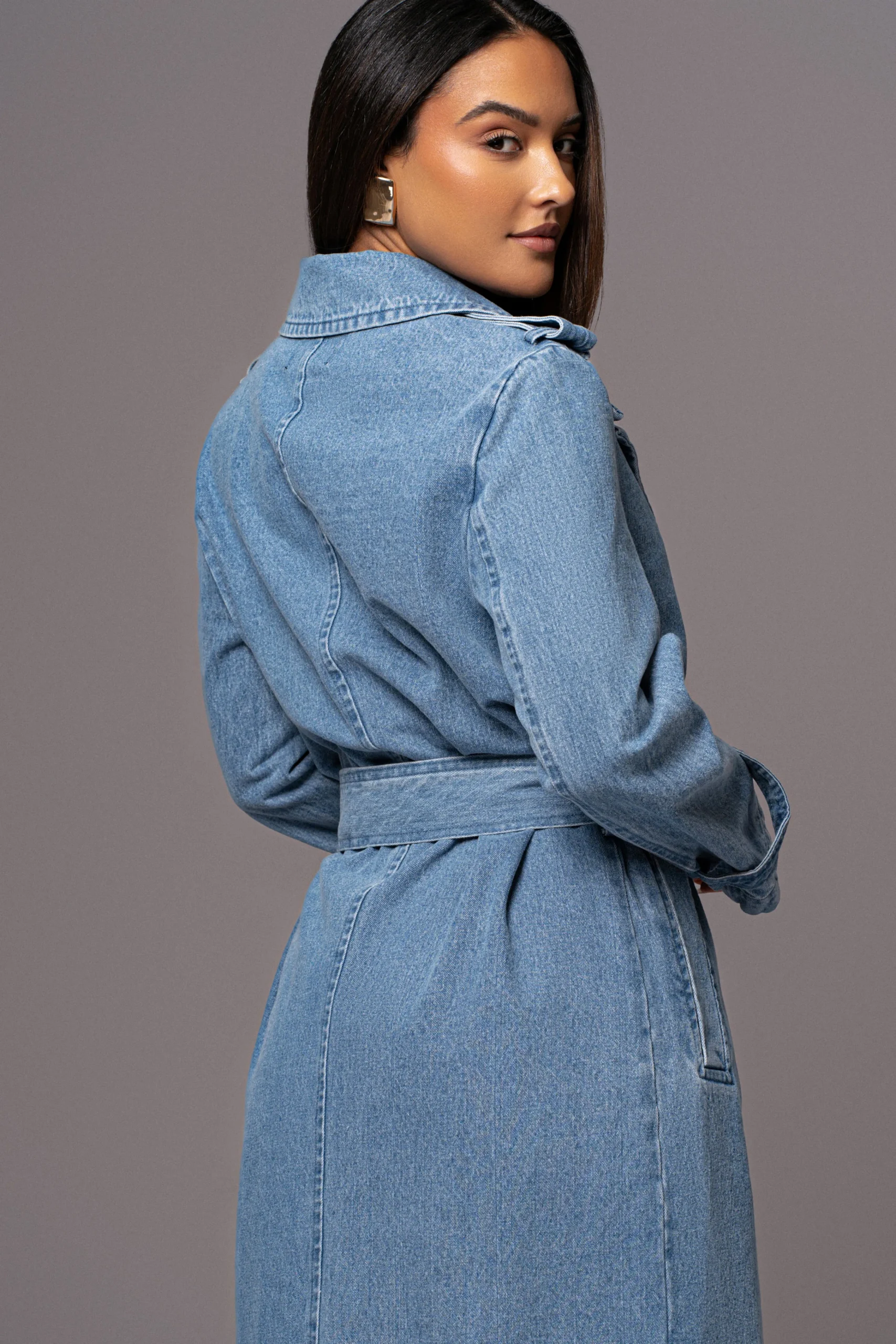 Medium Wash Savannah Belted Denim Coat*JLUXLABEL Clearance
