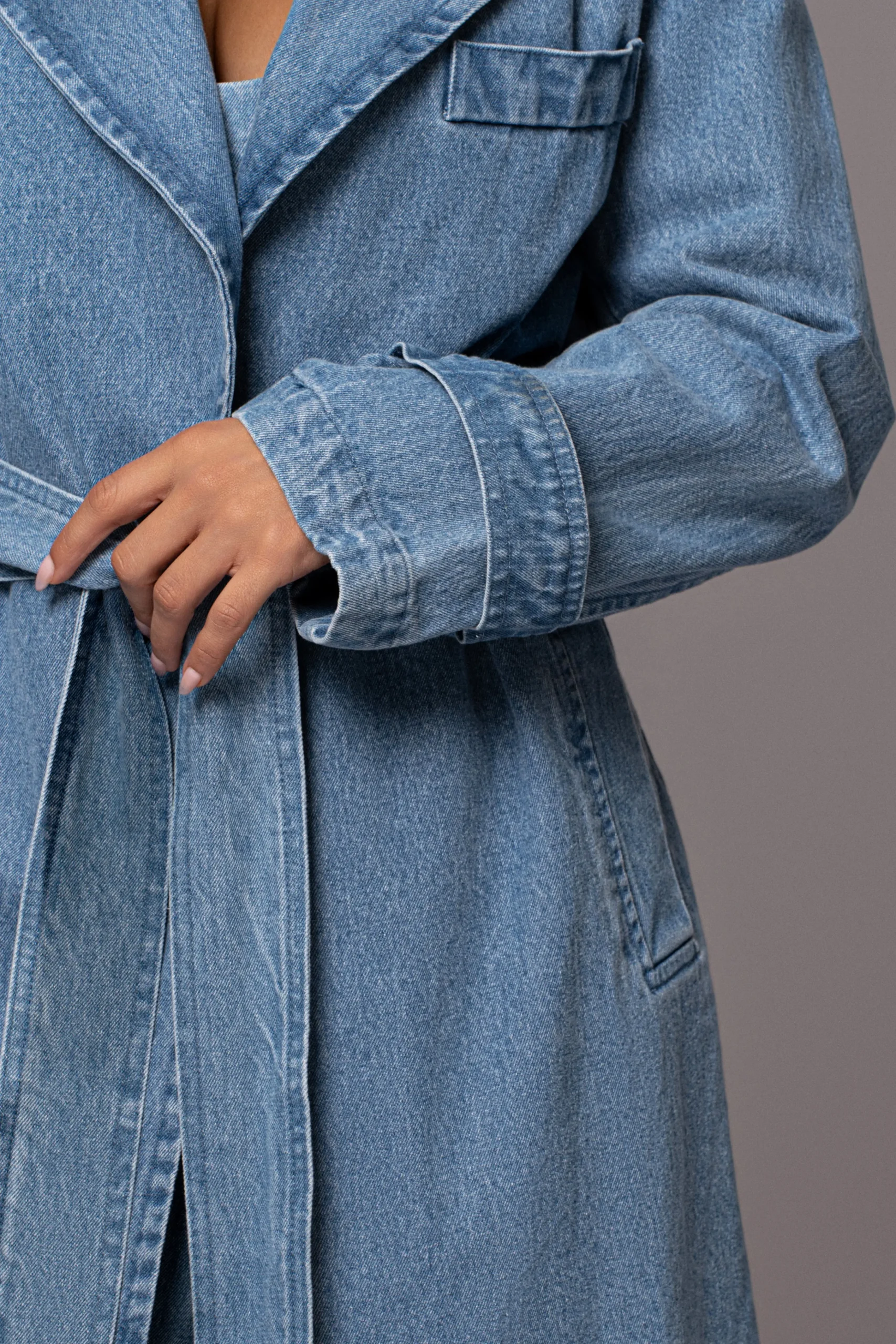 Medium Wash Savannah Belted Denim Coat*JLUXLABEL Clearance