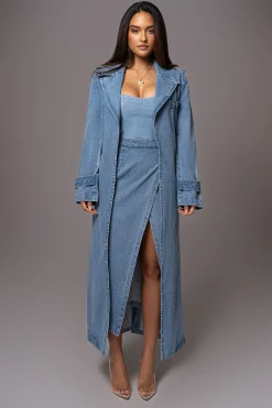 Medium Wash Savannah Belted Denim Coat*JLUXLABEL Clearance