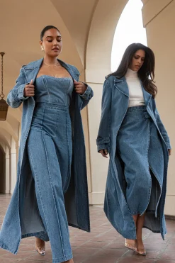 Medium Wash Savannah Belted Denim Coat*JLUXLABEL Clearance