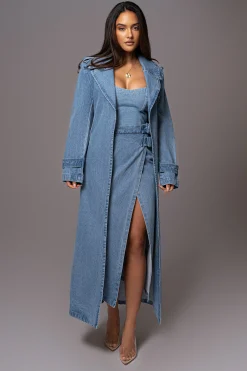 Medium Wash Savannah Belted Denim Coat*JLUXLABEL Clearance