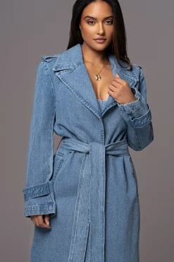 Medium Wash Savannah Belted Denim Coat*JLUXLABEL Clearance