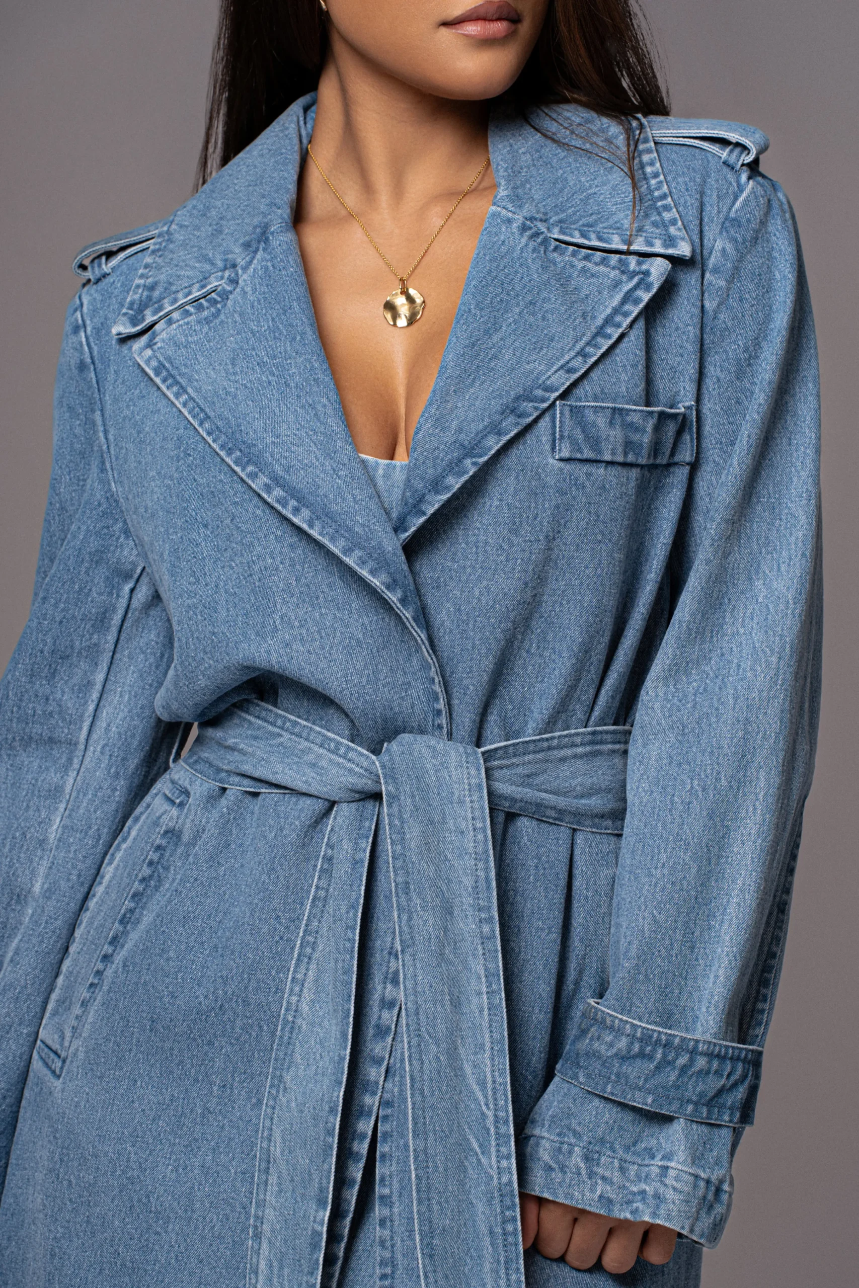 Medium Wash Savannah Belted Denim Coat*JLUXLABEL Clearance