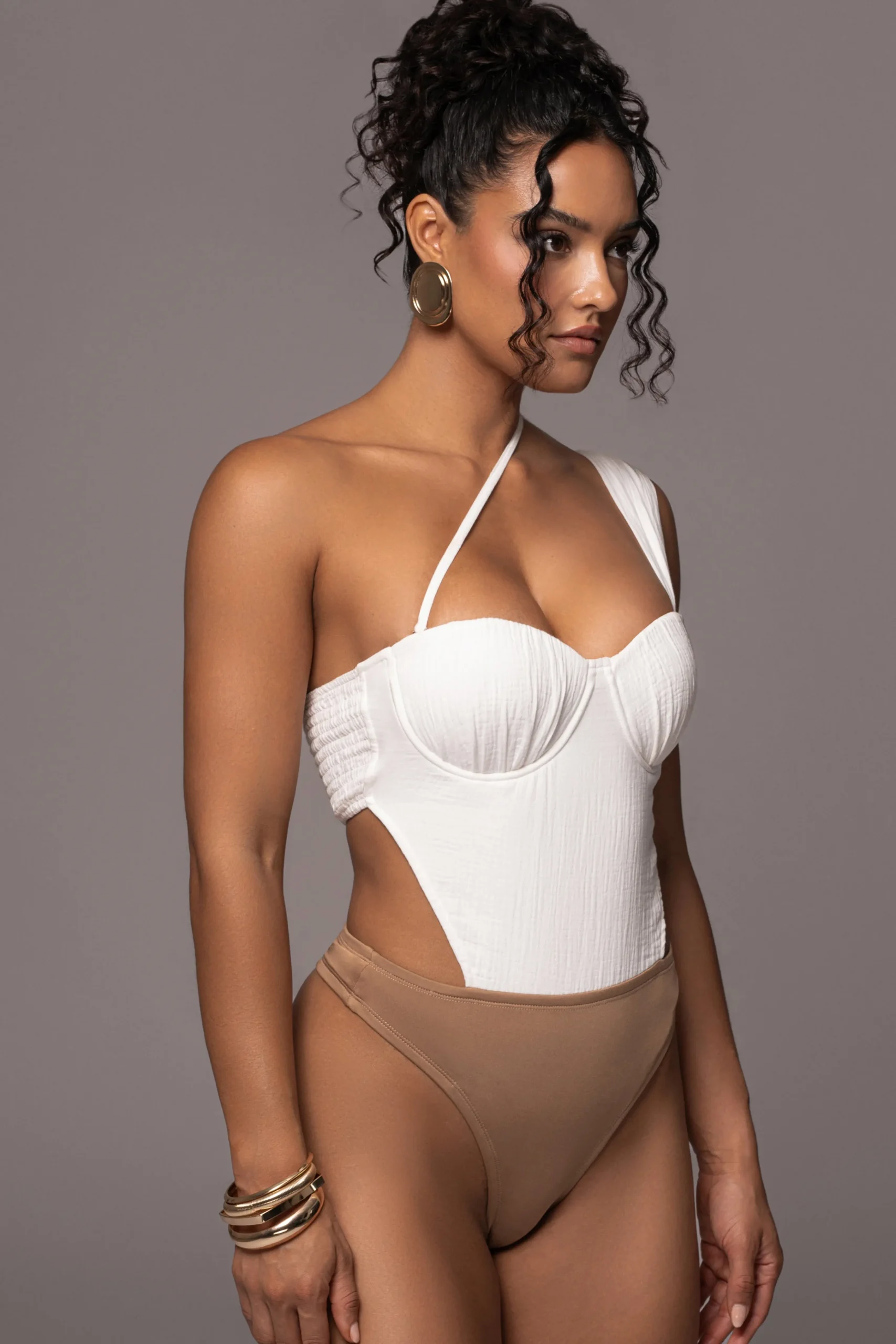 Natural Scenic One-Shoulder Linen Bodysuit*JLUXLABEL Hot