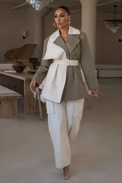 Olive Color Block Summit Belted Jacket*JLUXLABEL Sale