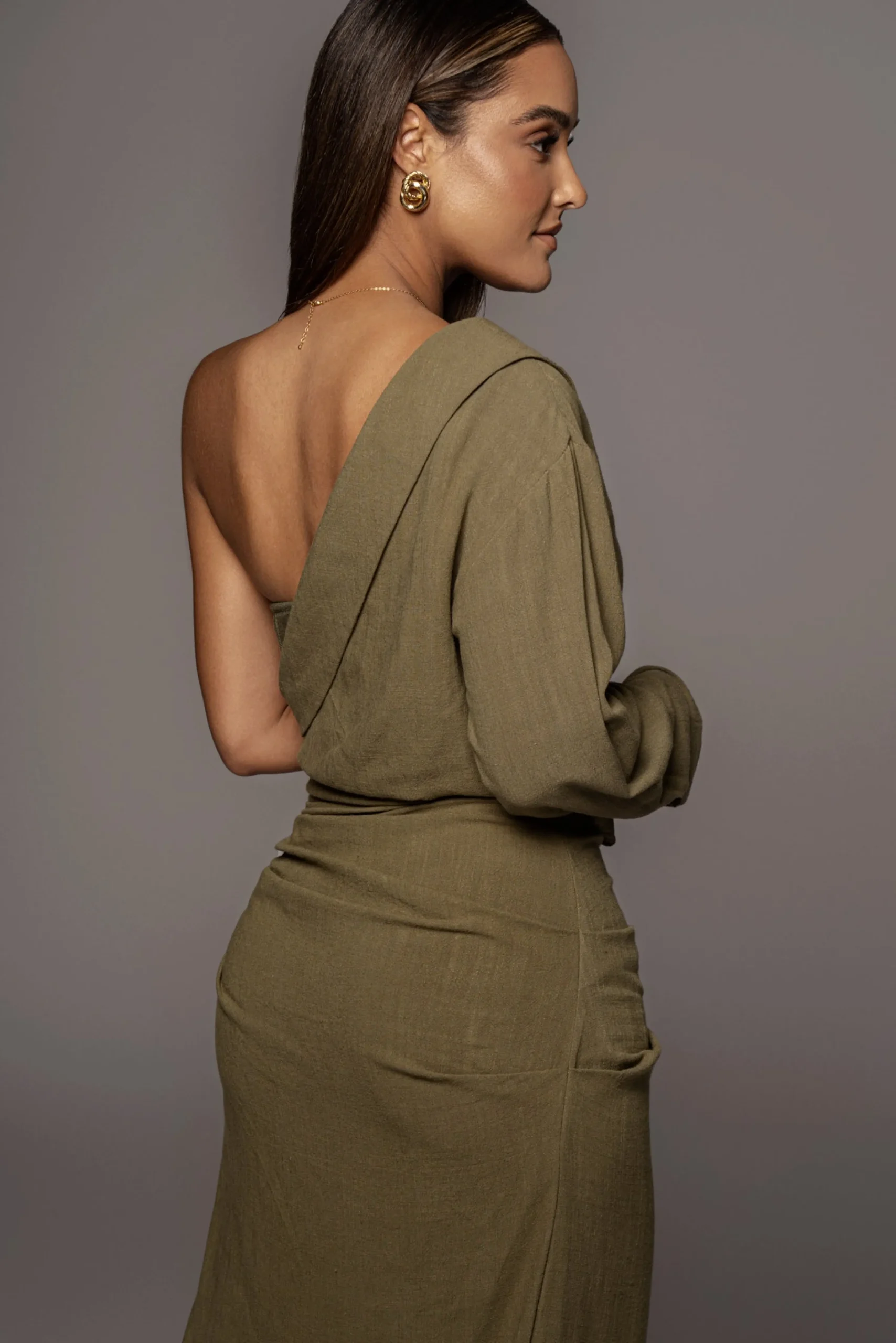 Olive Evita Linen Draped Dress*JLUXLABEL Outlet