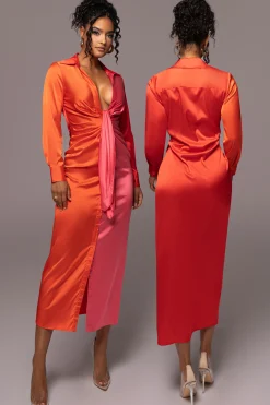 Pink Color Block Satin Midi Dress*JLUXLABEL New