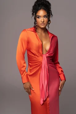 Pink Color Block Satin Midi Dress*JLUXLABEL New