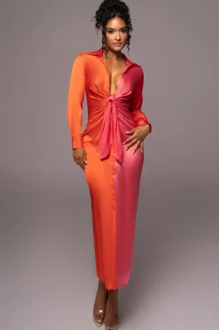 Pink Color Block Satin Midi Dress*JLUXLABEL New