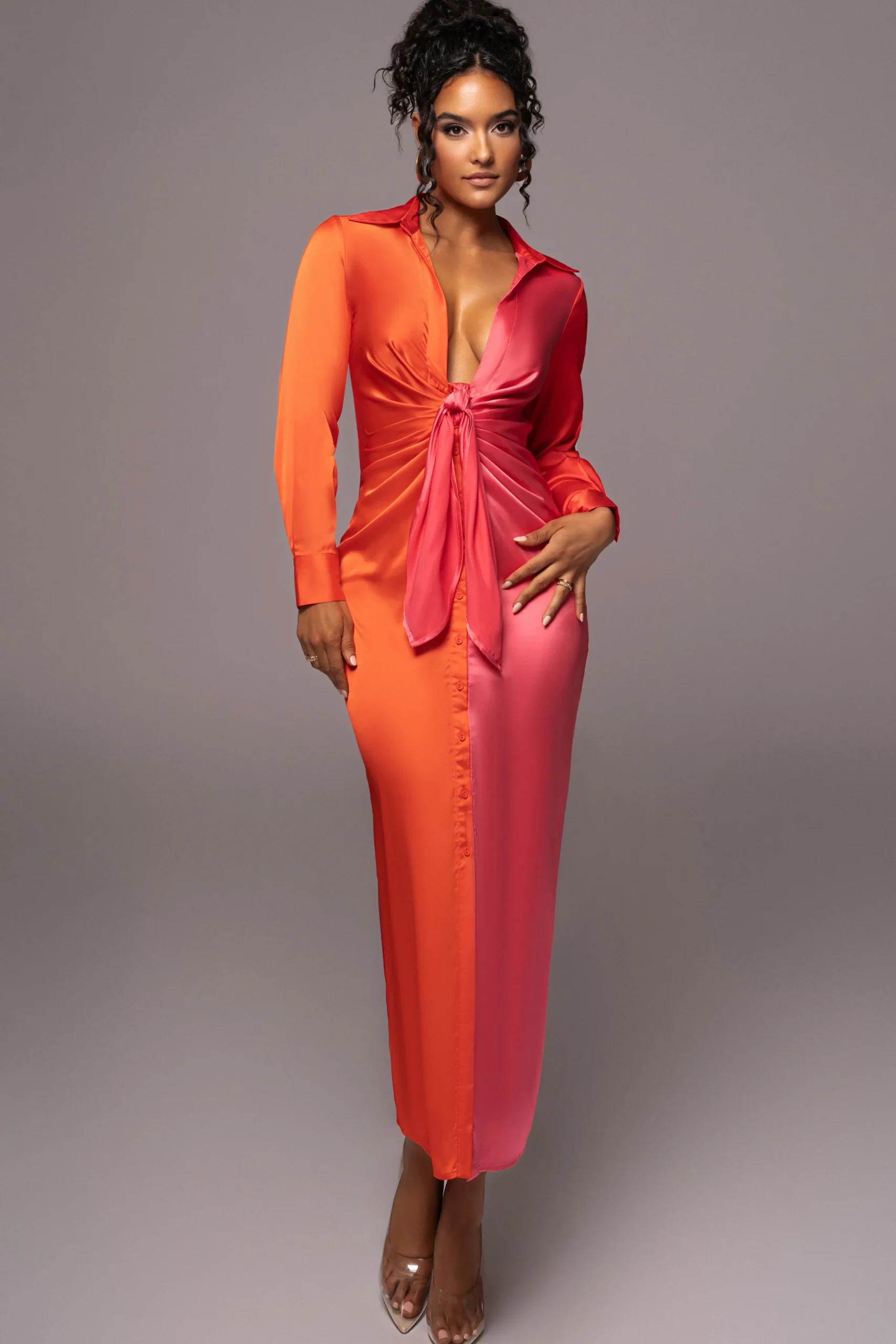 Pink Color Block Satin Midi Dress*JLUXLABEL New