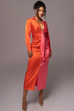 Pink Color Block Satin Midi Dress*JLUXLABEL New