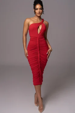 Red Jess Ruched Midi Dress*JLUXLABEL Fashion