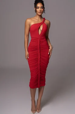 Red Jess Ruched Midi Dress*JLUXLABEL Fashion