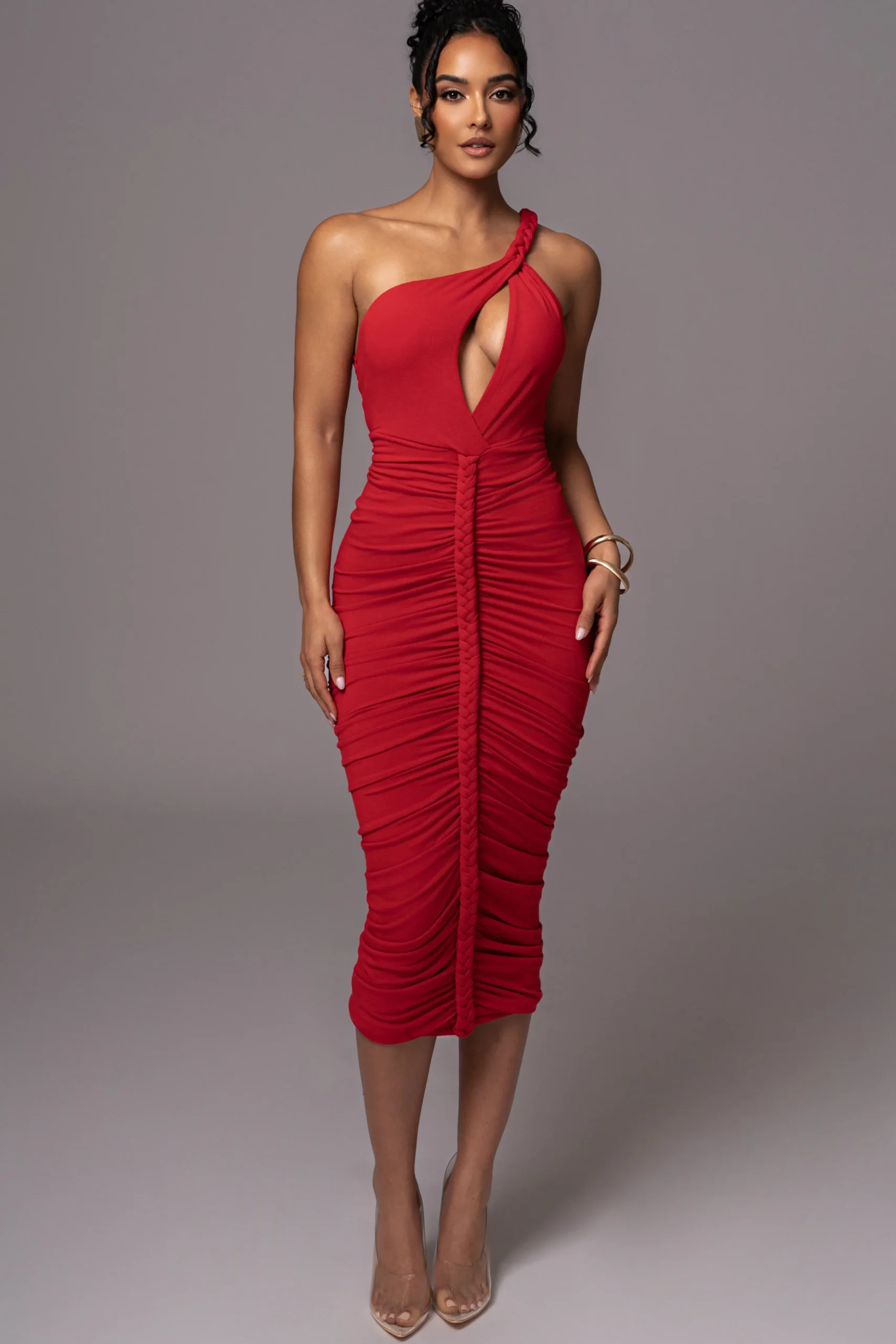Red Jess Ruched Midi Dress*JLUXLABEL Fashion