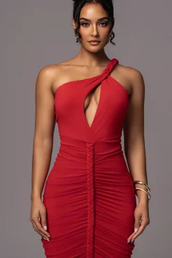 Red Jess Ruched Midi Dress*JLUXLABEL Fashion