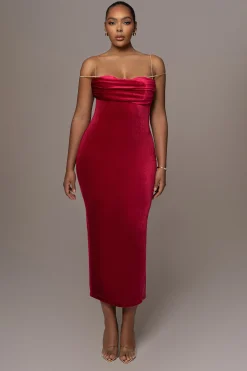 Red JOSANNA VELVET MIDI DRESS*JLUXLABEL New