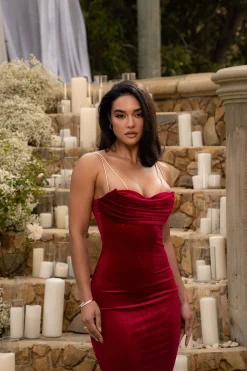 Red JOSANNA VELVET MIDI DRESS*JLUXLABEL New