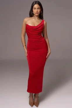 Red Slinky Krishna One Shoulder Maxi Dress*JLUXLABEL Hot