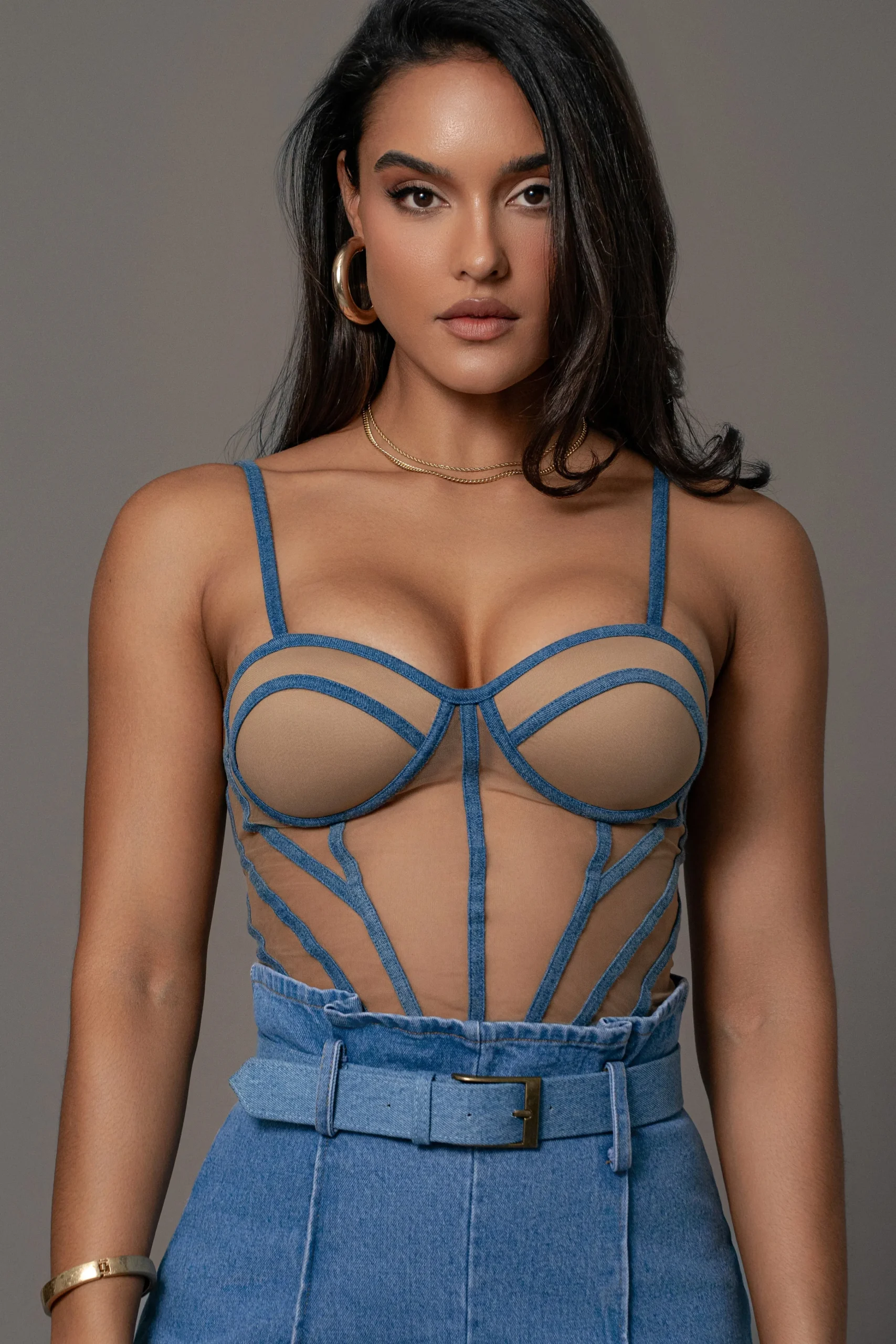 Tan Denim Illusion Mesh Bustier*JLUXLABEL Clearance