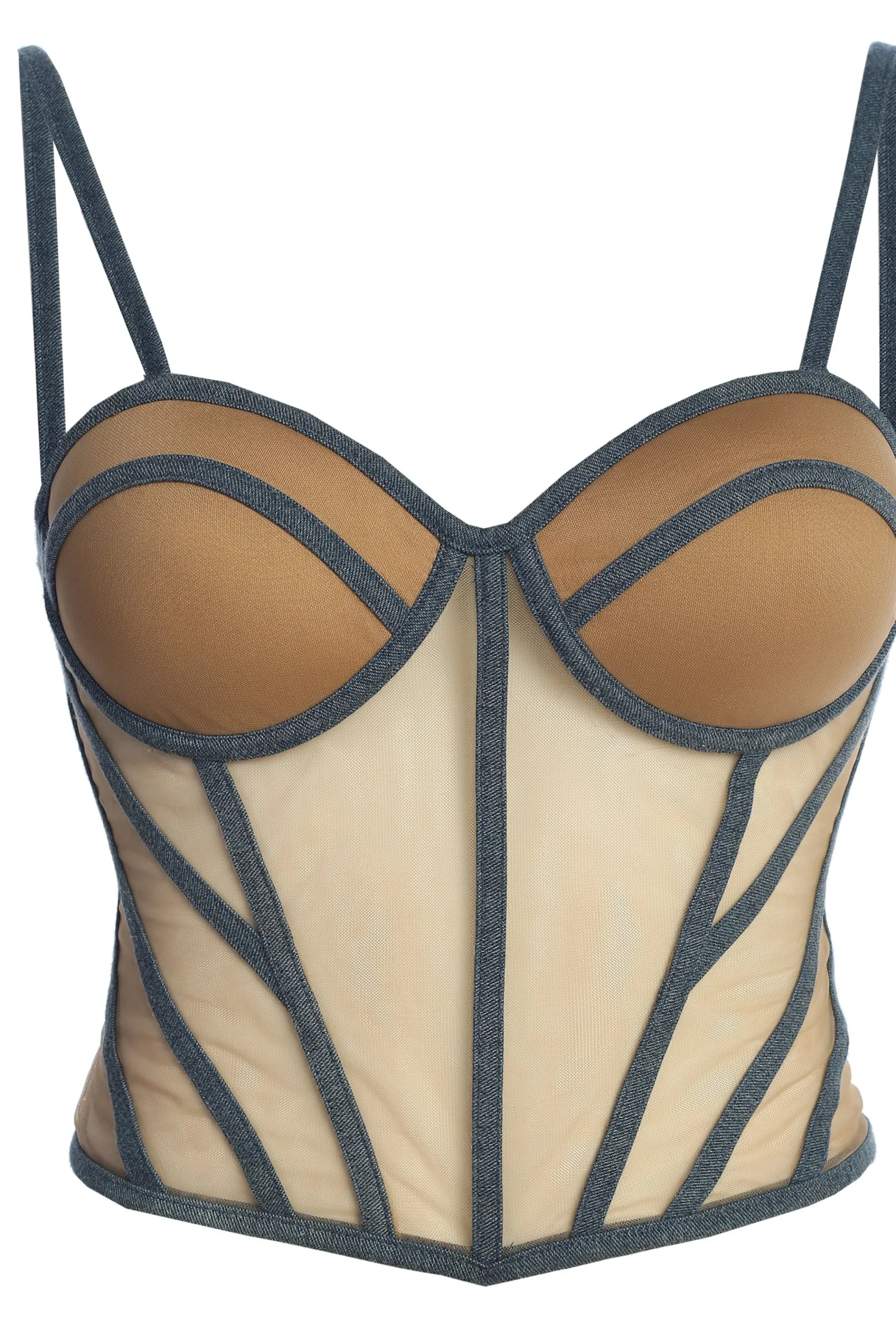 Tan Denim Illusion Mesh Bustier*JLUXLABEL Clearance