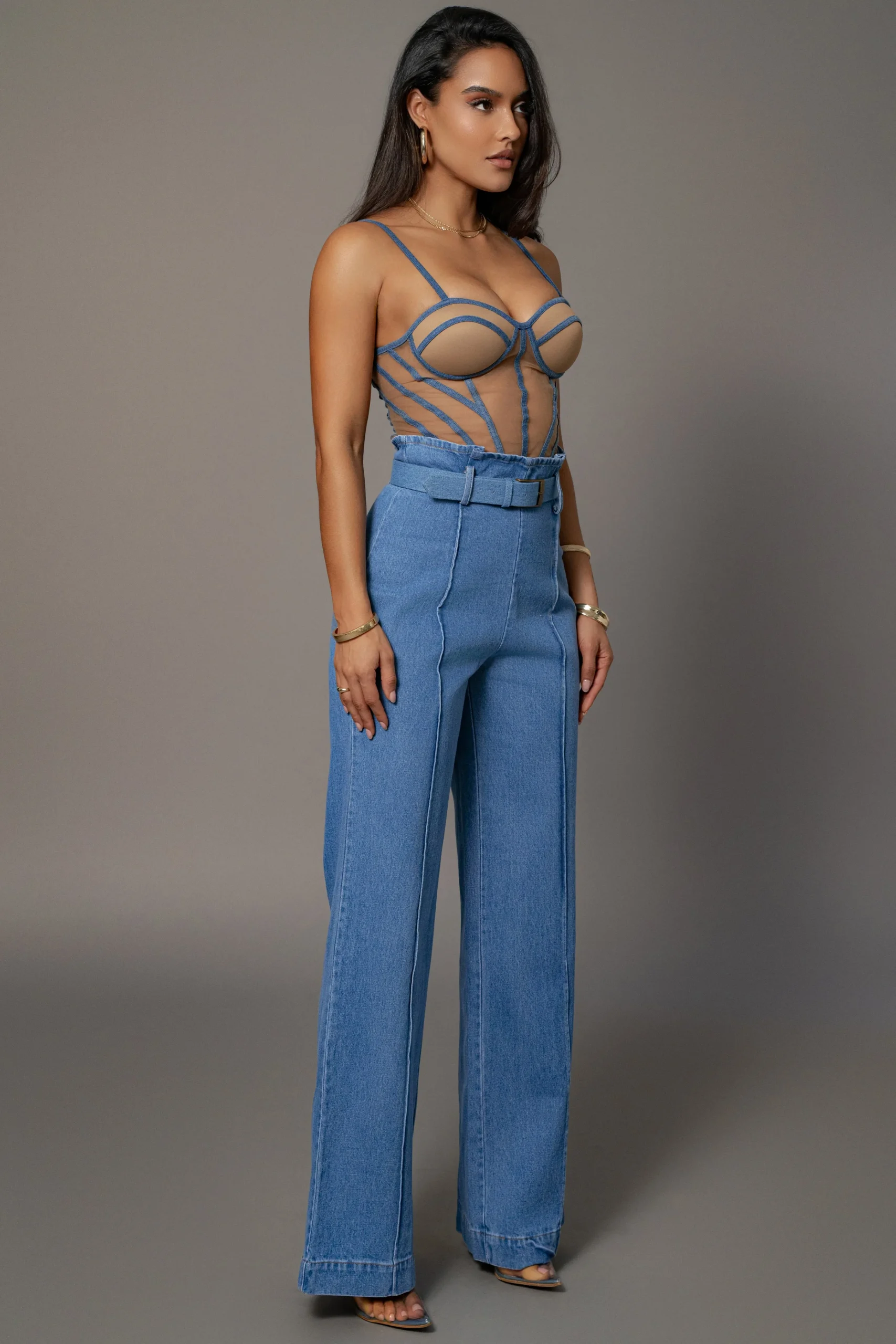 Tan Denim Illusion Mesh Bustier*JLUXLABEL Clearance