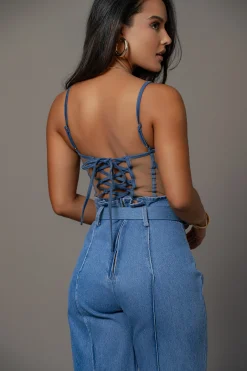 Tan Denim Illusion Mesh Bustier*JLUXLABEL Clearance