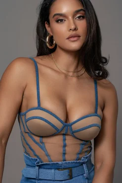 Tan Denim Illusion Mesh Bustier*JLUXLABEL Clearance