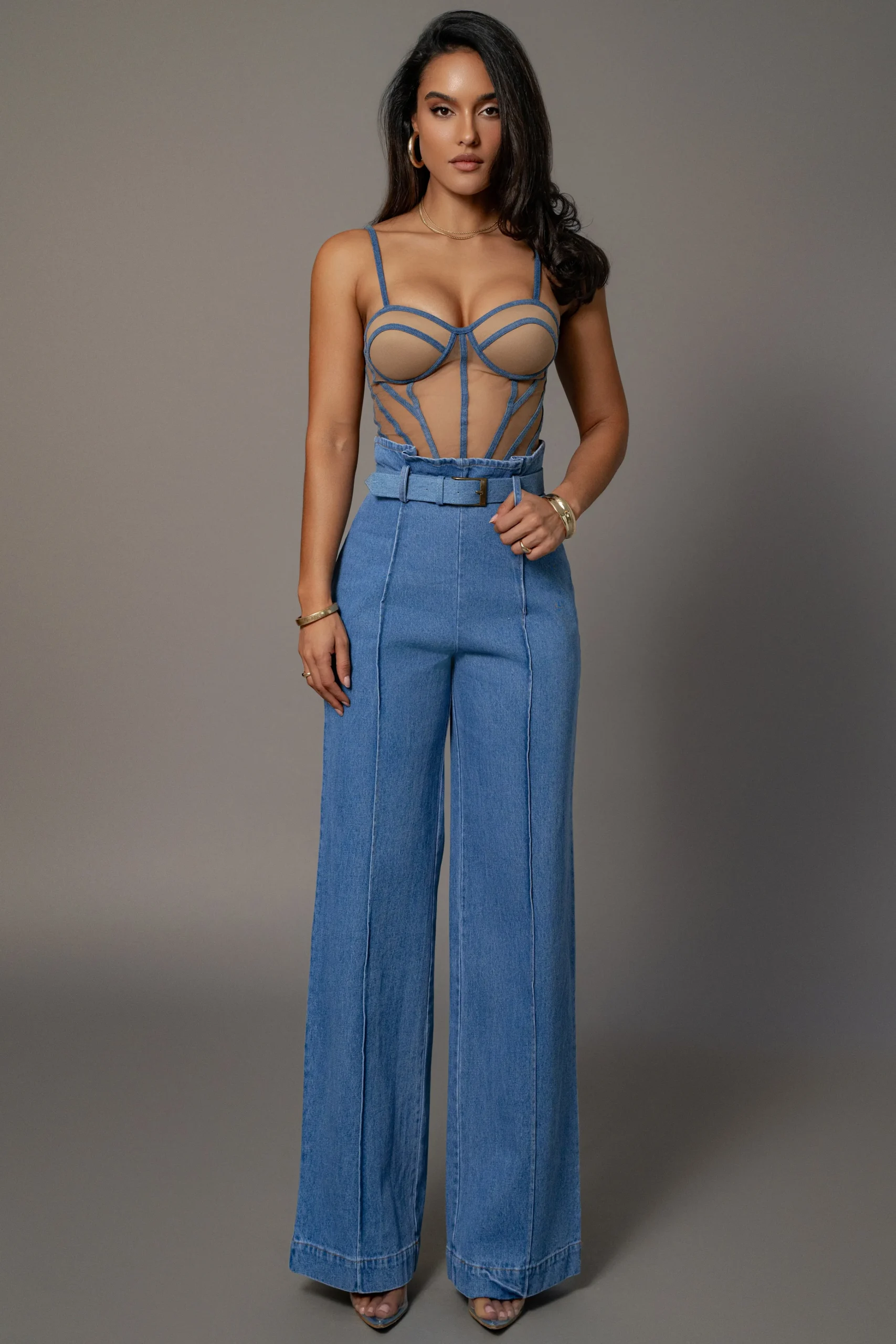 Tan Denim Illusion Mesh Bustier*JLUXLABEL Clearance