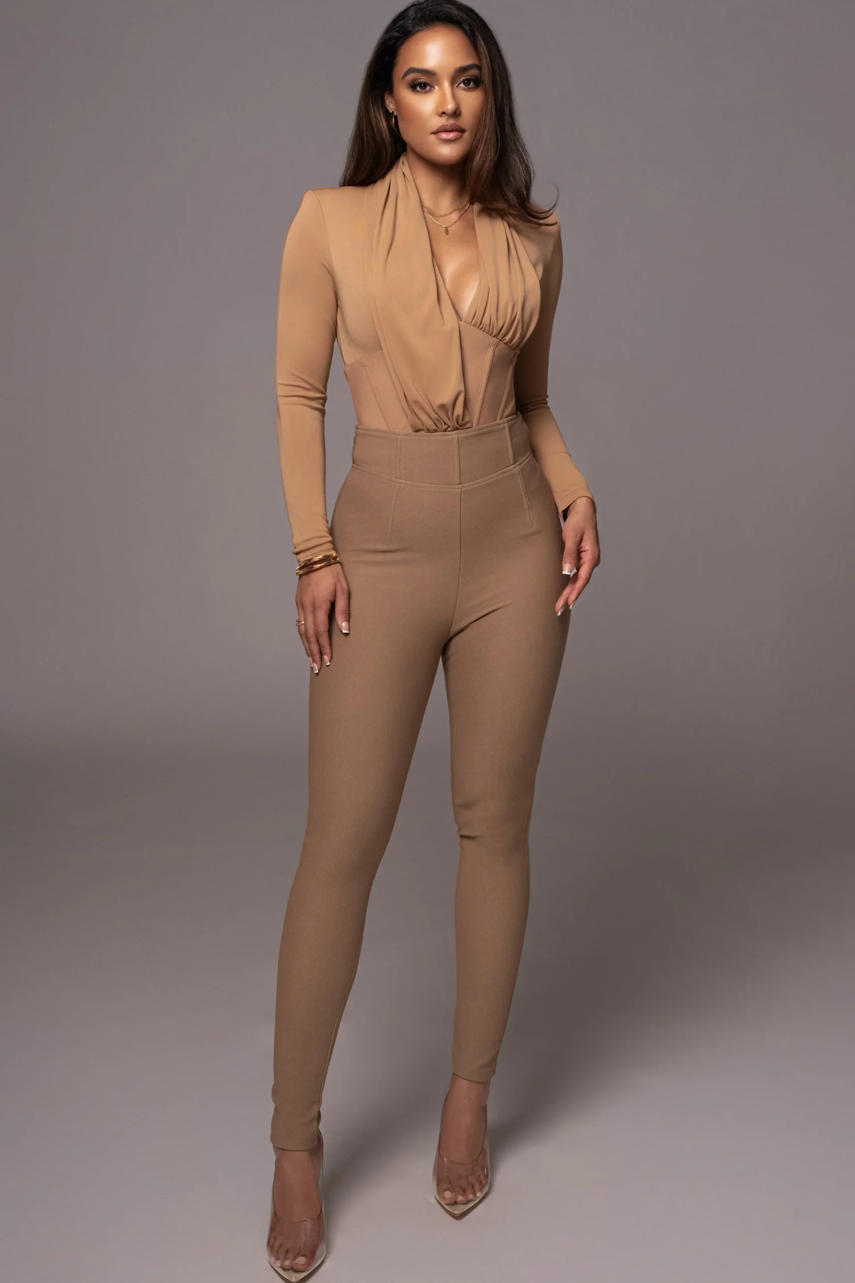 Tan Drape Corset Bodysuit*JLUXLABEL Hot