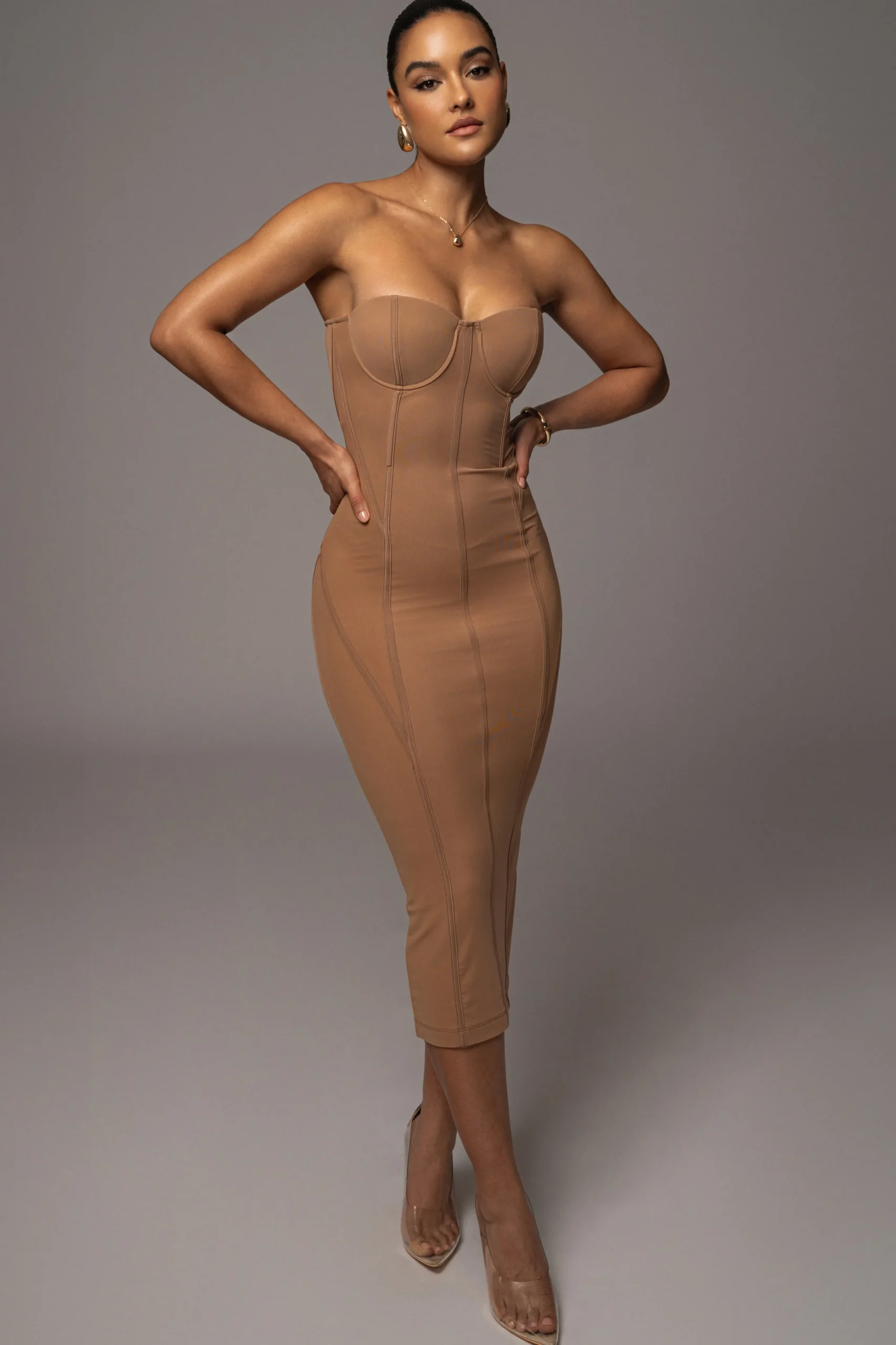 Tan Escape Mesh Midi Dress*JLUXLABEL Hot