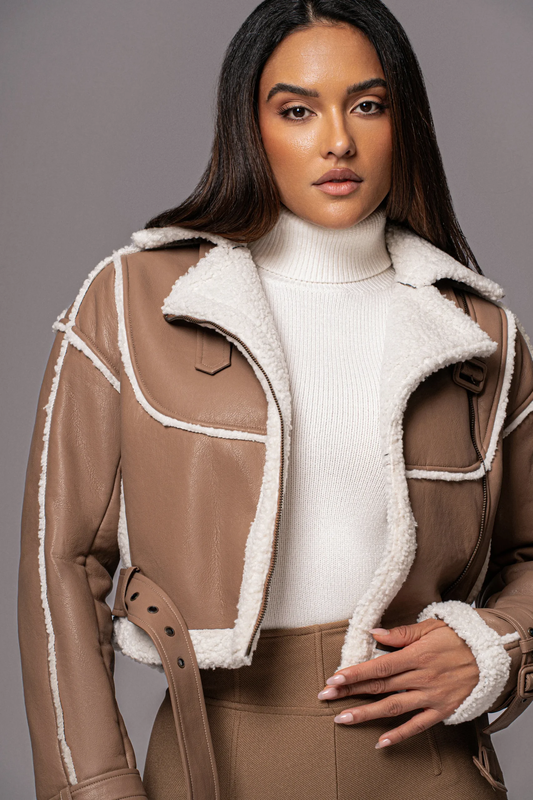 Tan Faux Leather Sherpa Jacket*JLUXLABEL New