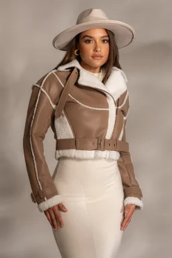 Tan Faux Leather Sherpa Jacket*JLUXLABEL New