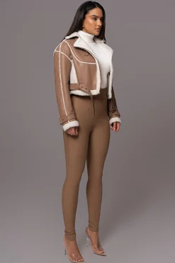 Tan Faux Leather Sherpa Jacket*JLUXLABEL New