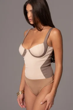 Taupe/Tan Throwback Colorblock Bodysuit*JLUXLABEL Sale