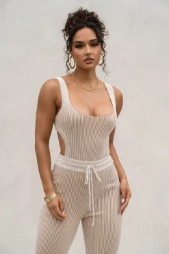 Taupe/White Deana Ribbed Bodysuit*JLUXLABEL Clearance