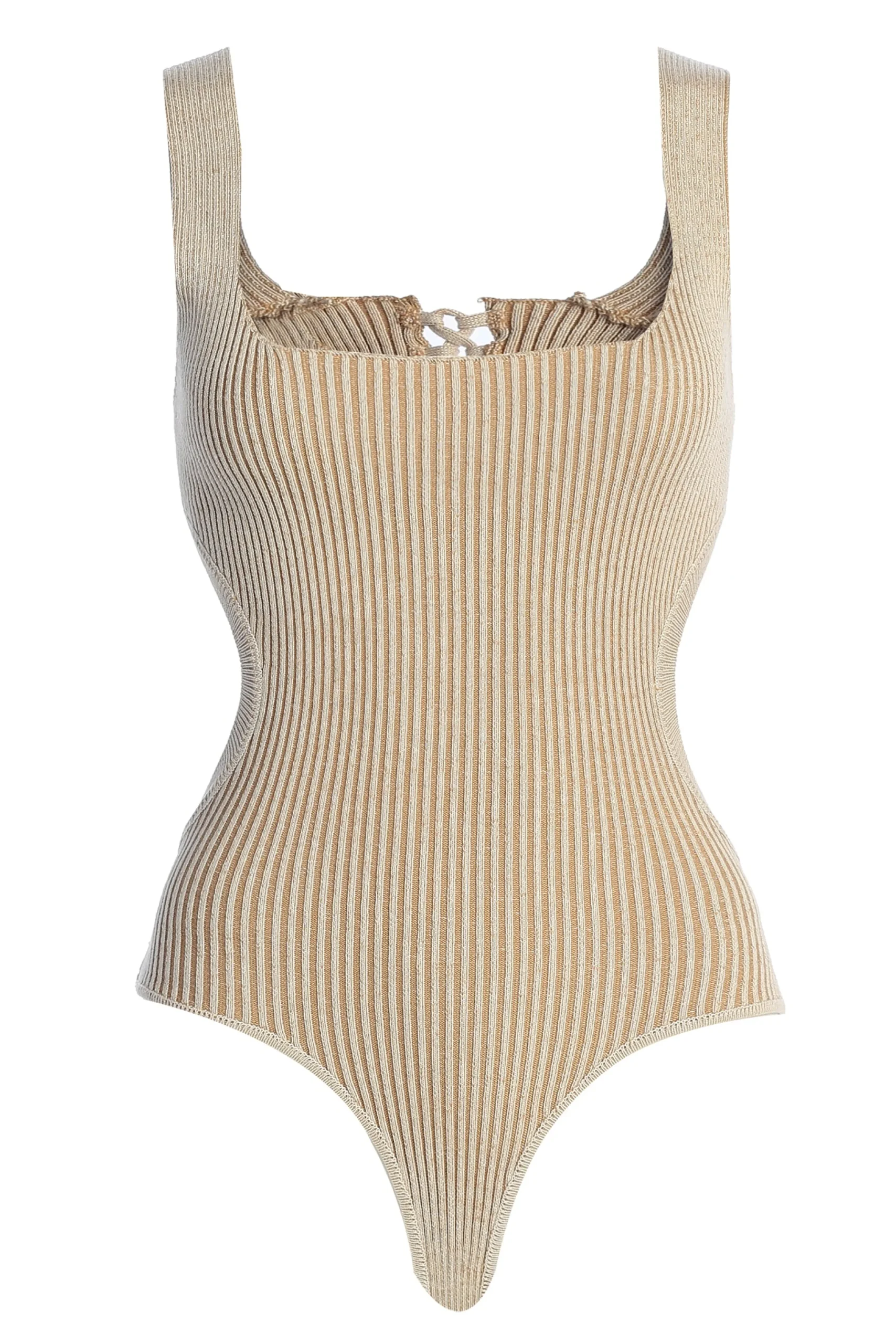 Taupe/White Deana Ribbed Bodysuit*JLUXLABEL Clearance