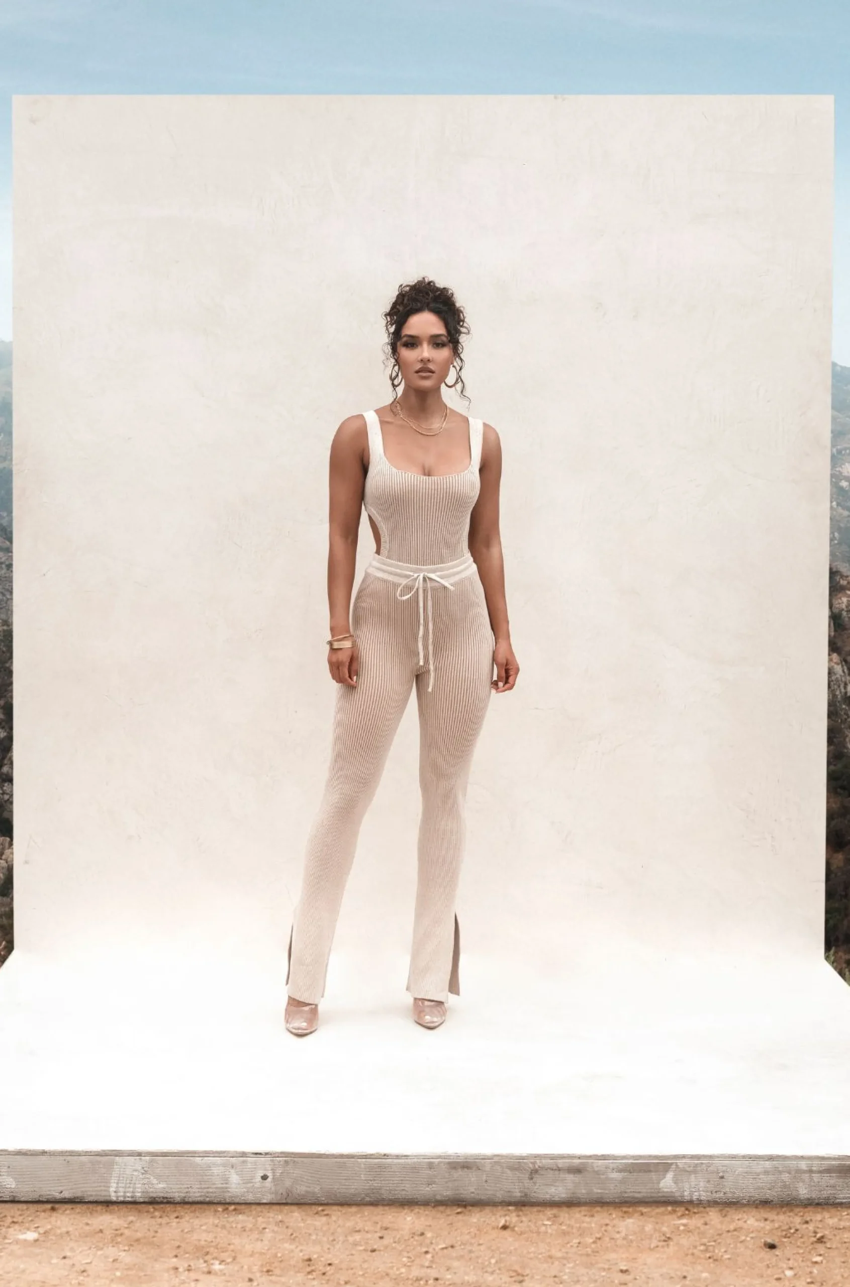 Taupe/White Deana Ribbed Bodysuit*JLUXLABEL Clearance