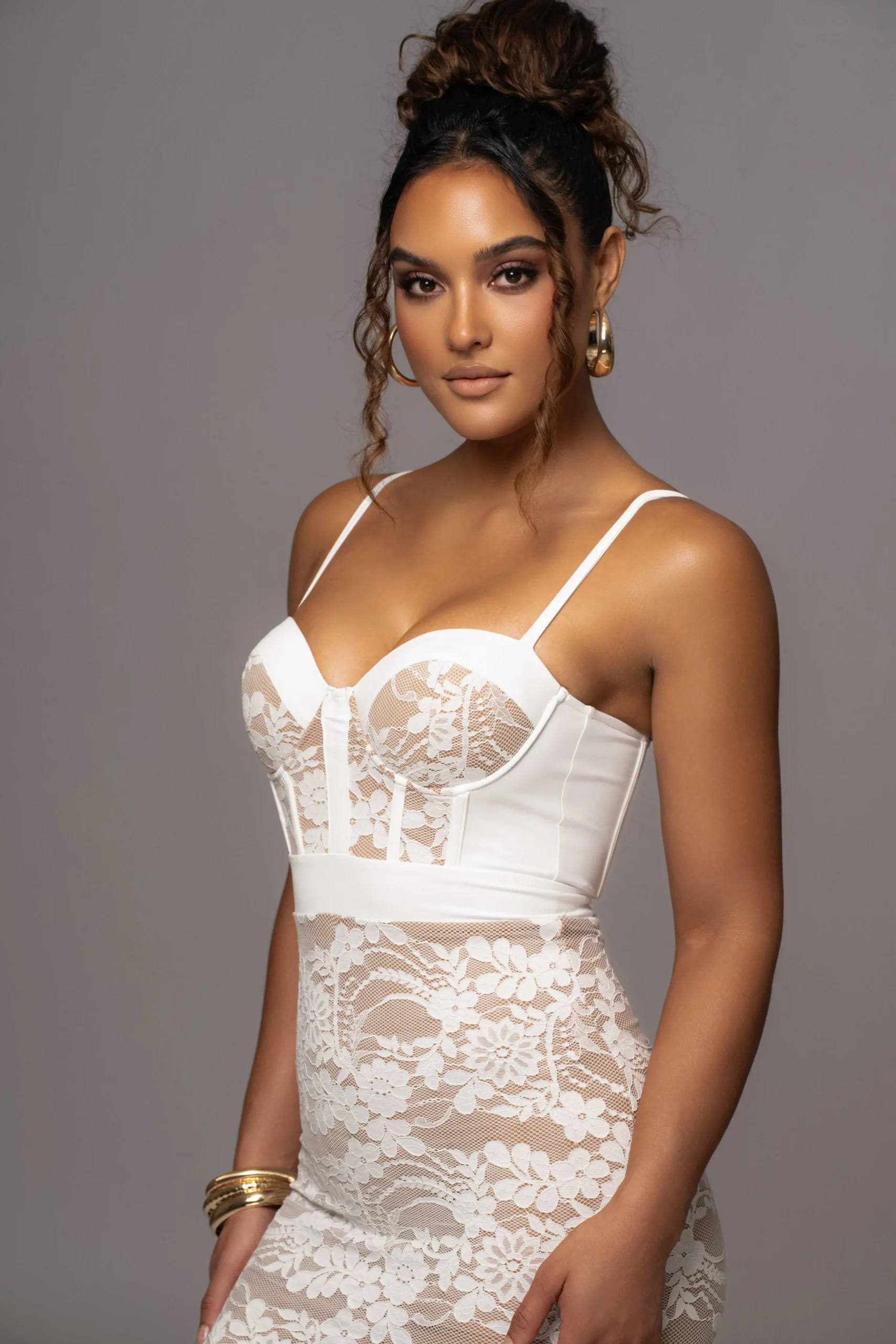 White Mesh and Lace Bustier Midi Dress*JLUXLABEL Discount
