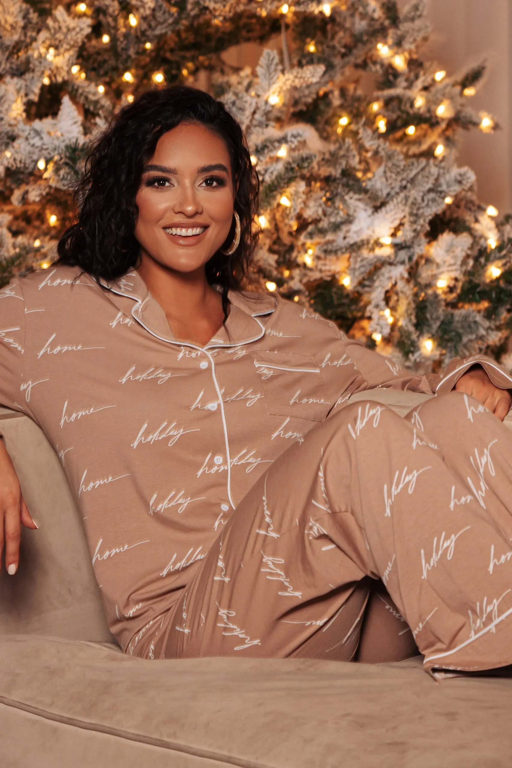 White/Tan Home For The Holiday Adult Pajama Set*JLUXLABEL Discount